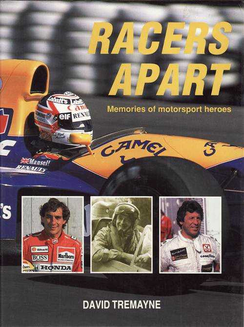 Motorsport heroes book cover with orange race car and three driver portrait photos