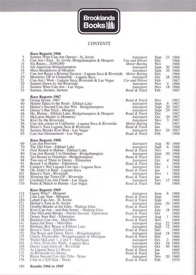 Motorsport racing book contents page listing race names, venues, and dates