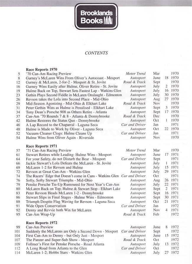 Contents page listing race reports, dates, and car classes