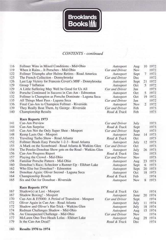 Contents page continuing list of race reports and results