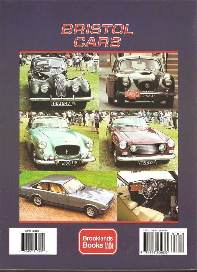 Bristol Cars book back cover with car photo collage, Brooklands Books badge, barcodes