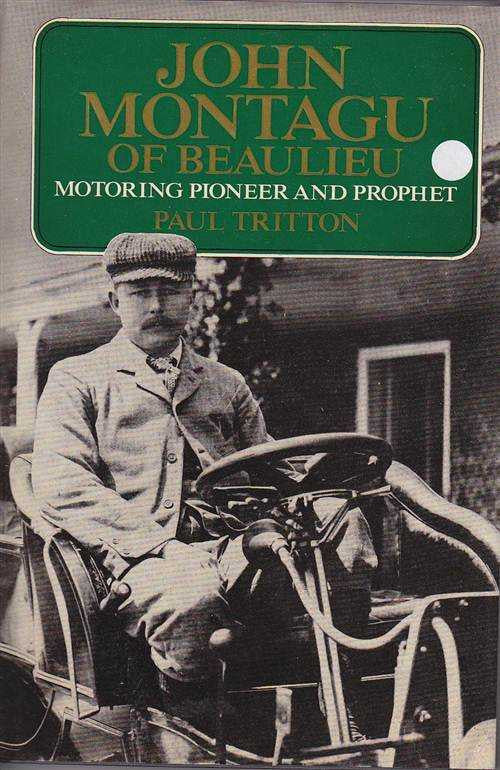 Vintage poster print with green title panel and photo of a man beside a classic car