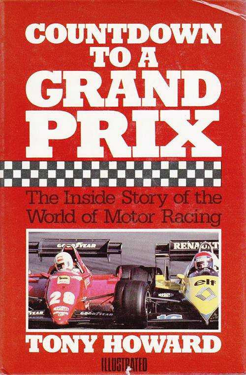 Motorsport book with red cover, white title text, checkered band, race car photo