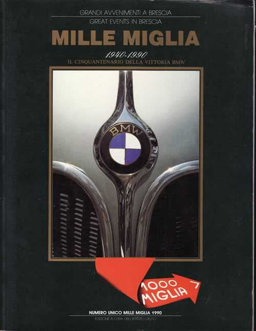 Mille Miglia book cover with BMW emblem and trophy-style graphic