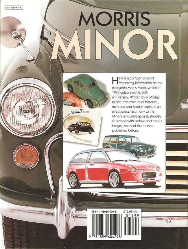 Morris Minor automotive book cover with car photo collage, synopsis panel, and barcode