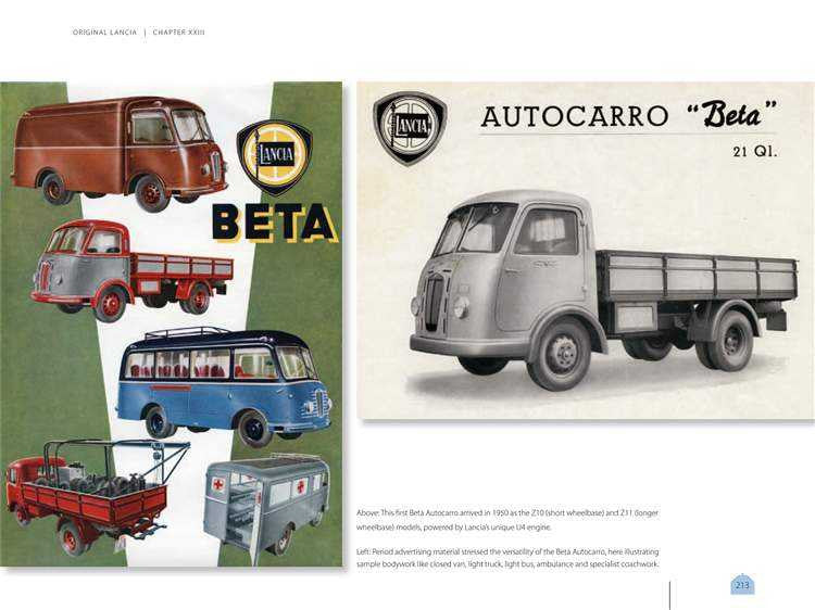 Lancia history book page featuring vintage cars and a truck with vehicle captions