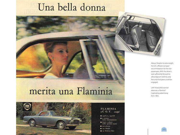 Lancia history book page with classic car photo, woman portrait, and heading text