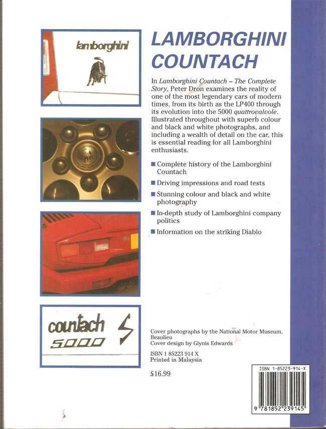 Softcover book back cover with Lamborghini Countach title and author Peter Dron