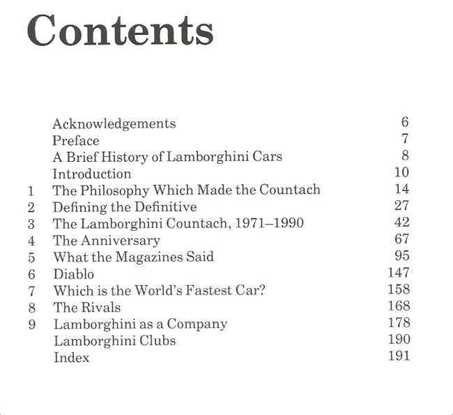 Book contents page listing sections and page numbers