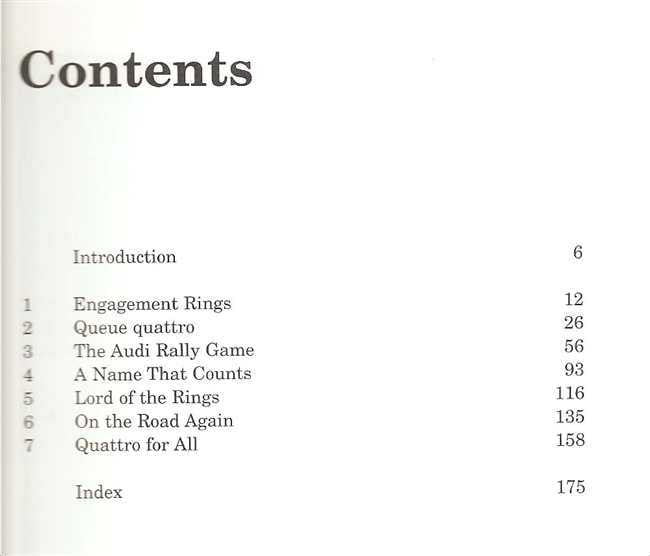 Audi Quattro book contents page with chapter list and page numbers