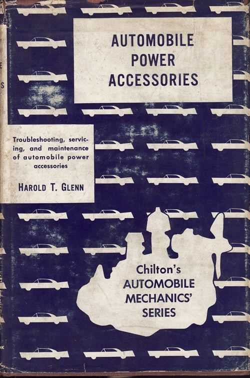 Automobile power accessories book cover, blue with car-pattern design and title text