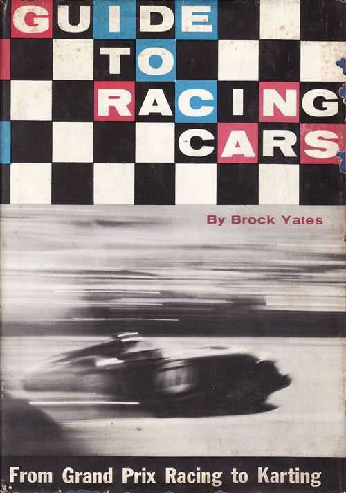 Racing cars guide book cover with checkered flag title and motion-blur race car