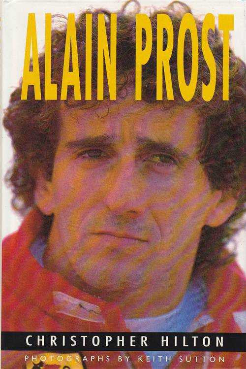 Race car driver Alain Prost portrait on photo book cover with title text