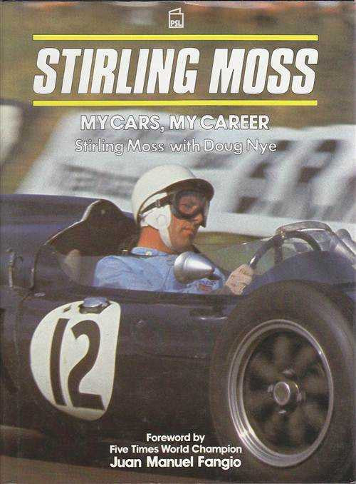 Motorsport biography book cover with Stirling Moss and Doug Nye, in race car
