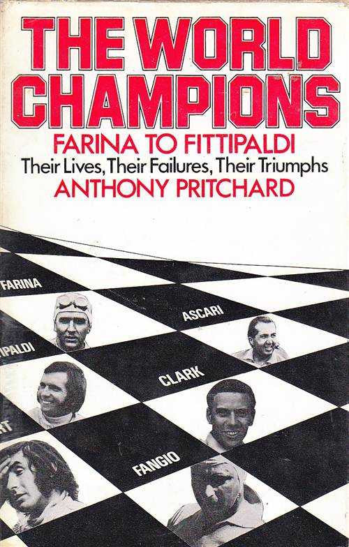Book cover with red title 'THE WORLD CHAMPIONS' and drivers' names.