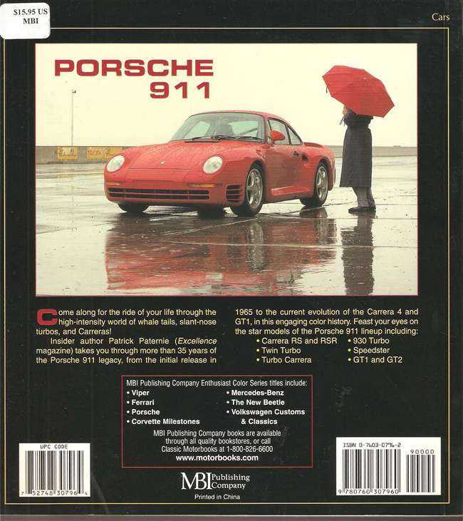 Book back cover with red Porsche 911 photo, text blocks, and pricing panel