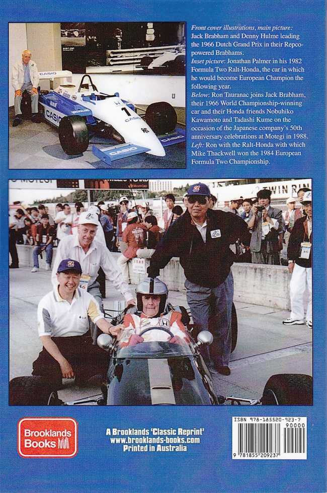 Signed paperback reprint back cover with race car photo, author details, barcode and ISBN