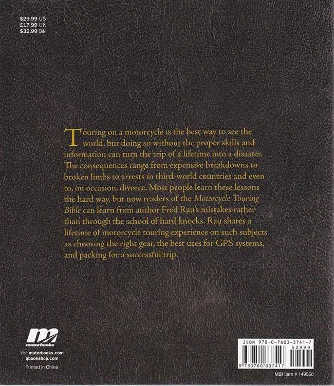Motorcycle touring Bible, back cover with excerpt text, publisher logo, and barcode