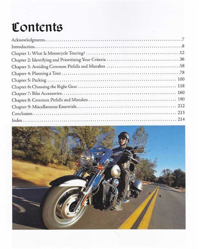 Motorcycle touring Bible, contents page with chapter list and road motorcycle photo