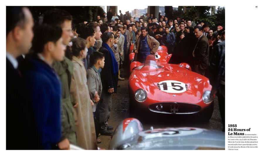 Book page with crowd watching a red race car front view, numbered 15