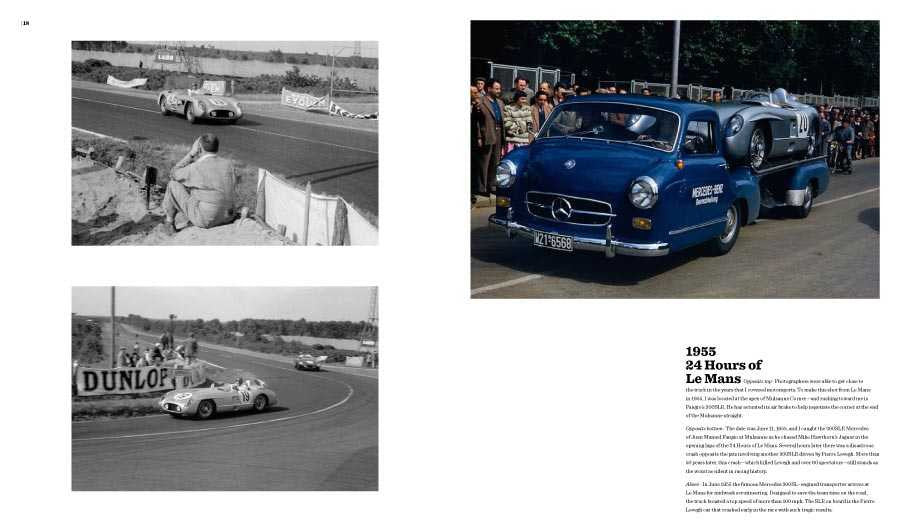 Book spread with two black-and-white race car photos and a blue race car image