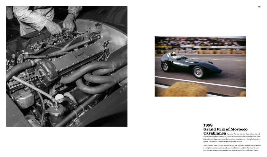 Book spread with a black-and-white engine bay and an inset blue race car