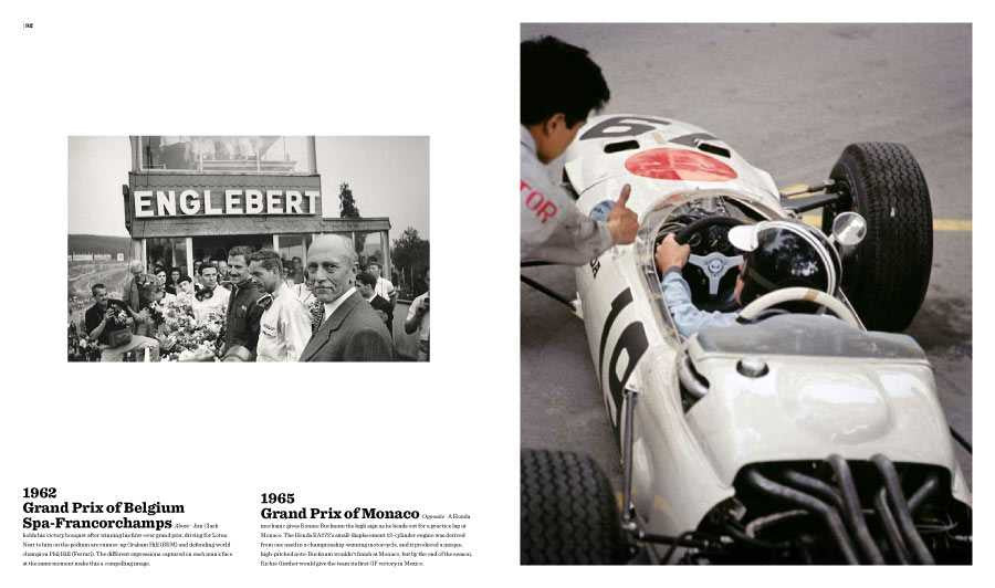Book spread with a black-and-white track scene and a close-up of a white race car cockpit