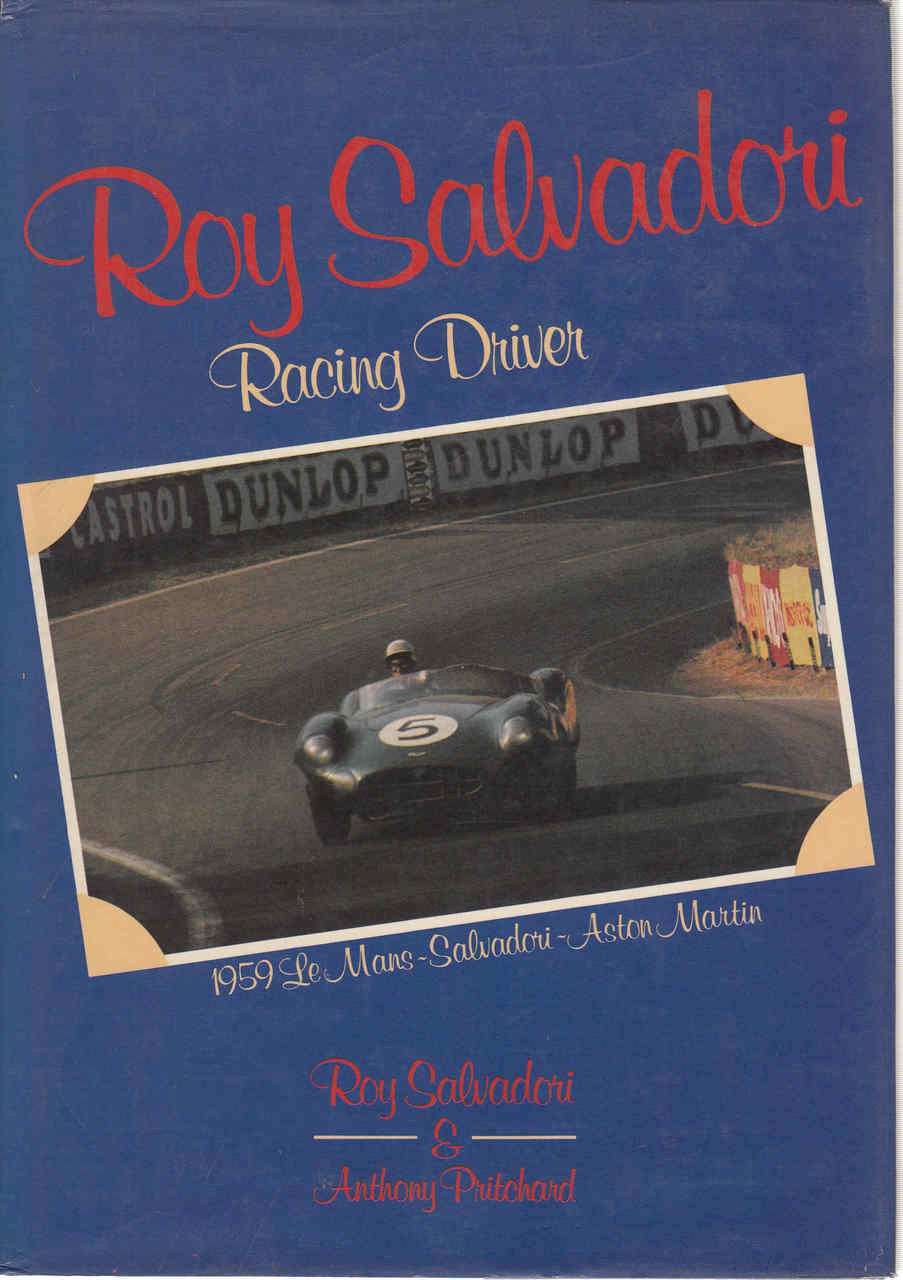 Blue racing driver book cover with red title lettering and vintage car photo.