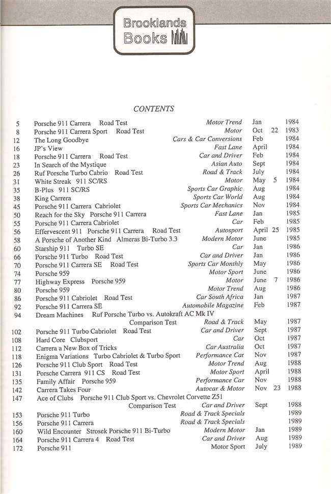 Book contents page listing Porsche 911 road tests and model updates, 1984–1989.