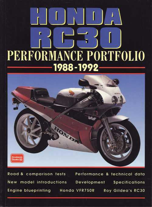 Honda RC30 performance portfolio book cover with motorcycle photo and 1988–1992 title