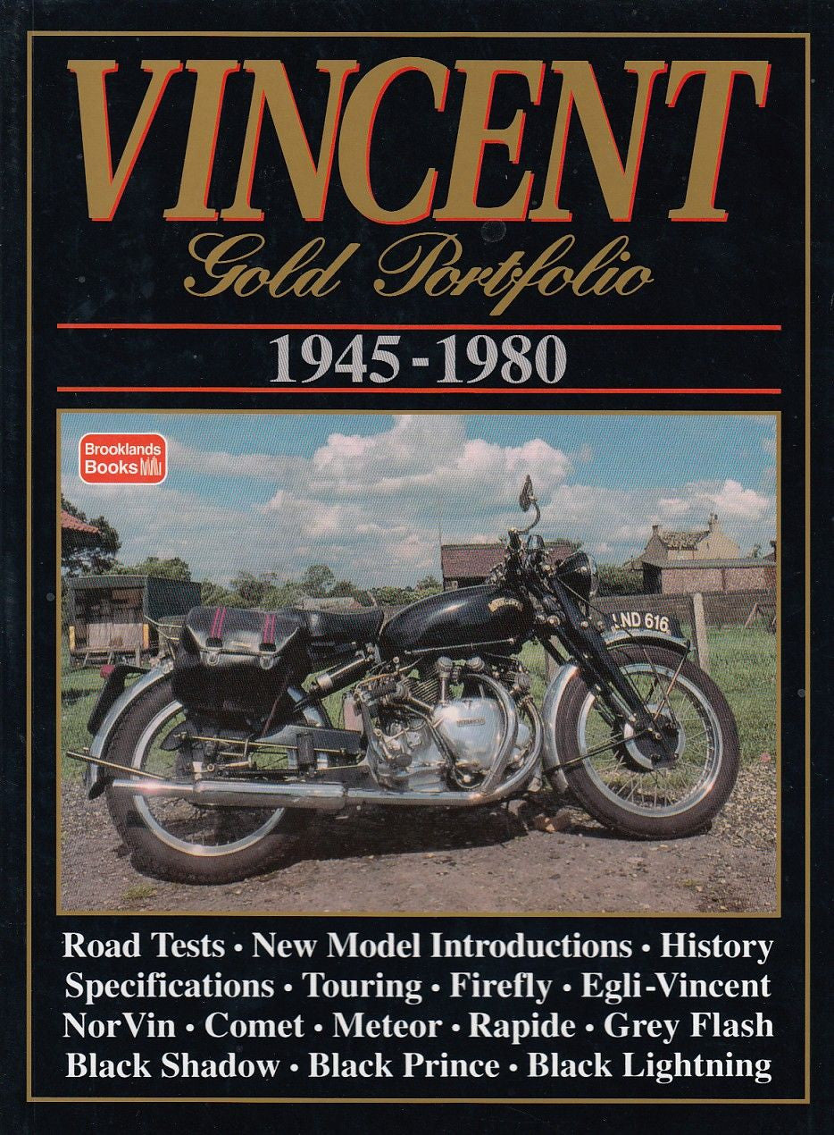 Vincent Gold Portfolio book cover with motorcycle photo and title text 1945-1980.