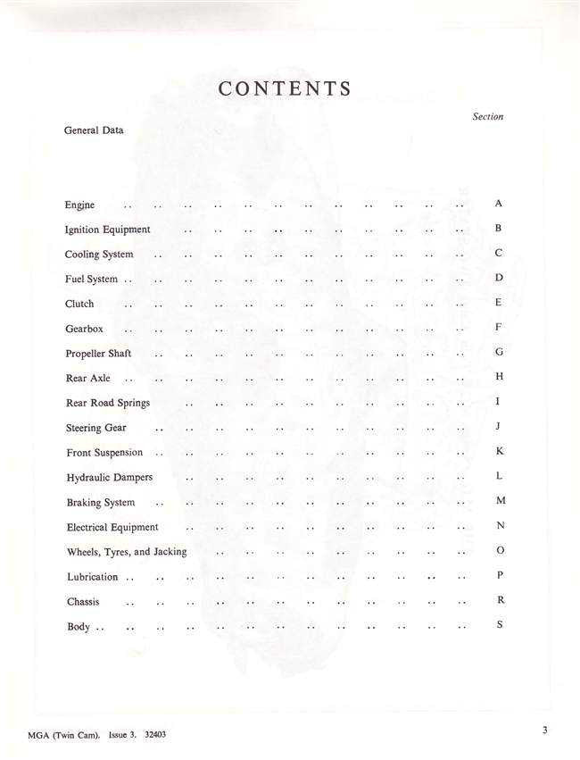 Workshop manual contents page with section list and page numbers