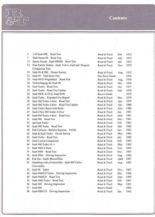 Road & Track on Saab 1972-1992 road tests contents page with list of tests