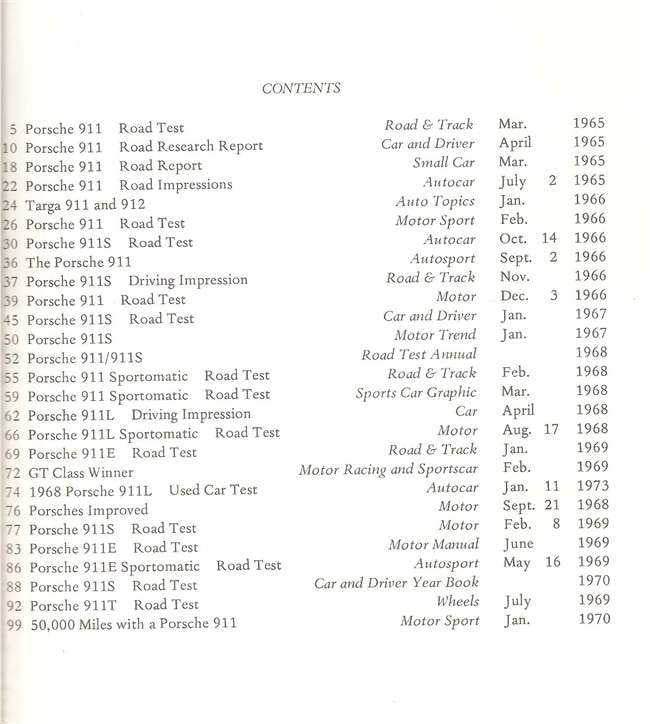 Book contents page titled CONTENTS with road and track listings from 1965 to 1970