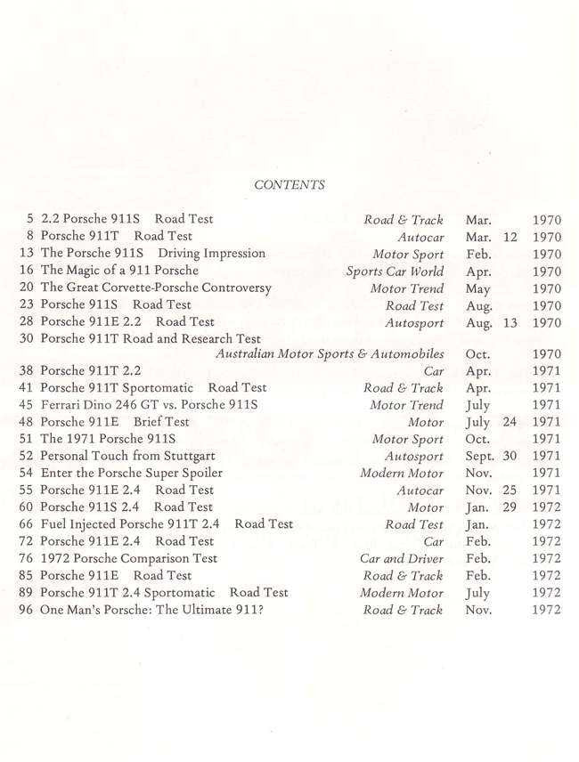 Book contents page listing 1970–1972 Porsche 911 road tests, dates, and sections