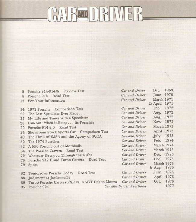 Car and Driver on Porsche 1970–1976 book back cover with listing of road tests