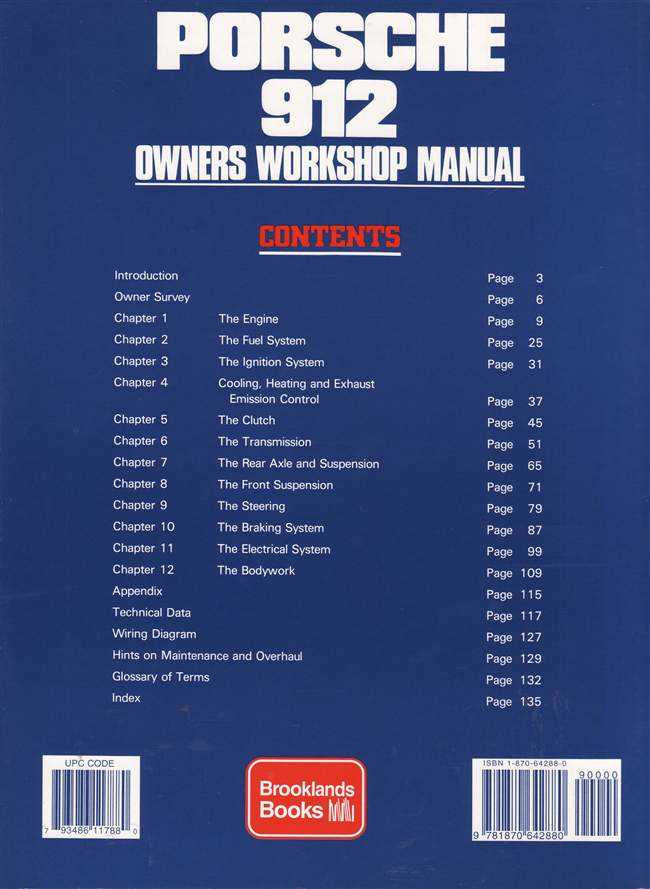 Porsche 912 owners workshop manual contents page with chapters and page numbers