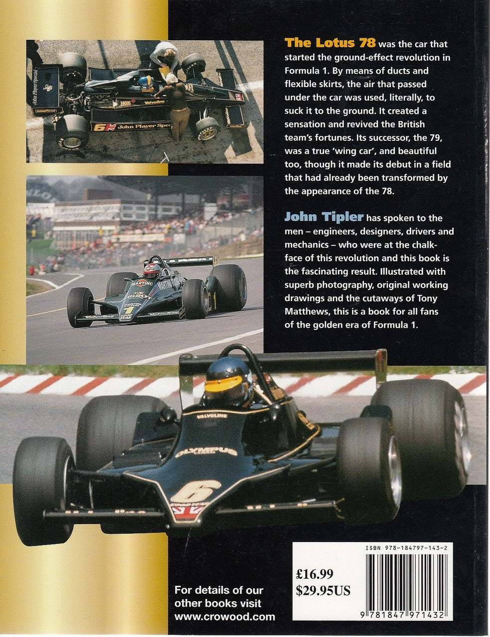 Motorsport book back cover for Lotus 78 and 79 with racing car photos.