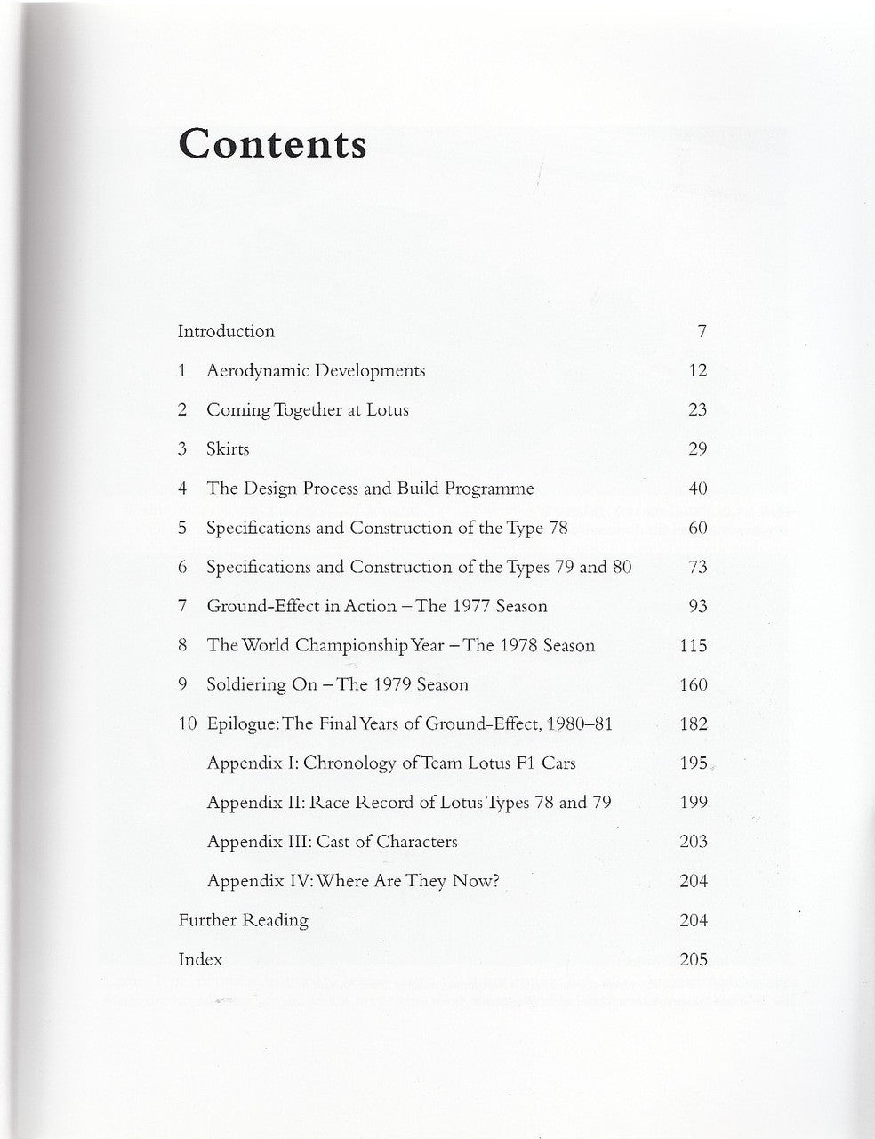 Book contents page with section list and page numbers for Lotus 78 and 79.