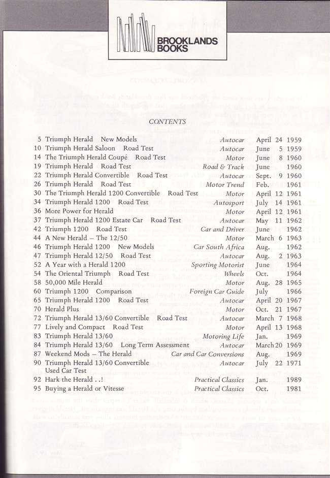 Triumph Herald 1959–1971 book page showing contents list