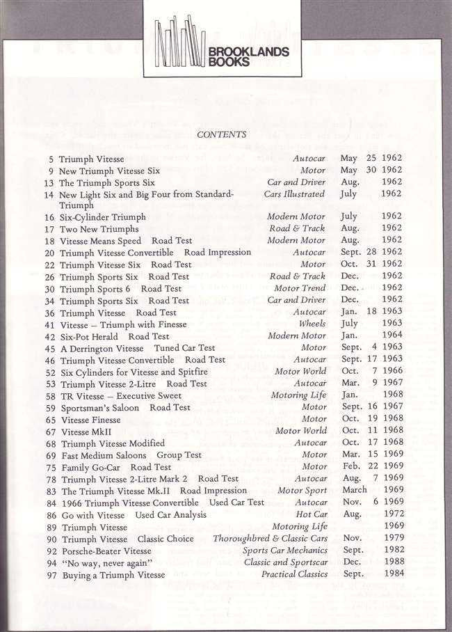Book contents page with numbered list of road tests and model updates