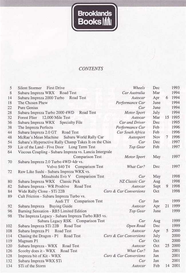 Subaru Impreza Turbo Limited Edition Extra contents page with section list