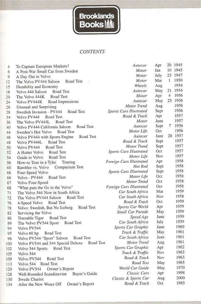 Automotive book contents page with Brooklands Books logo and test listings