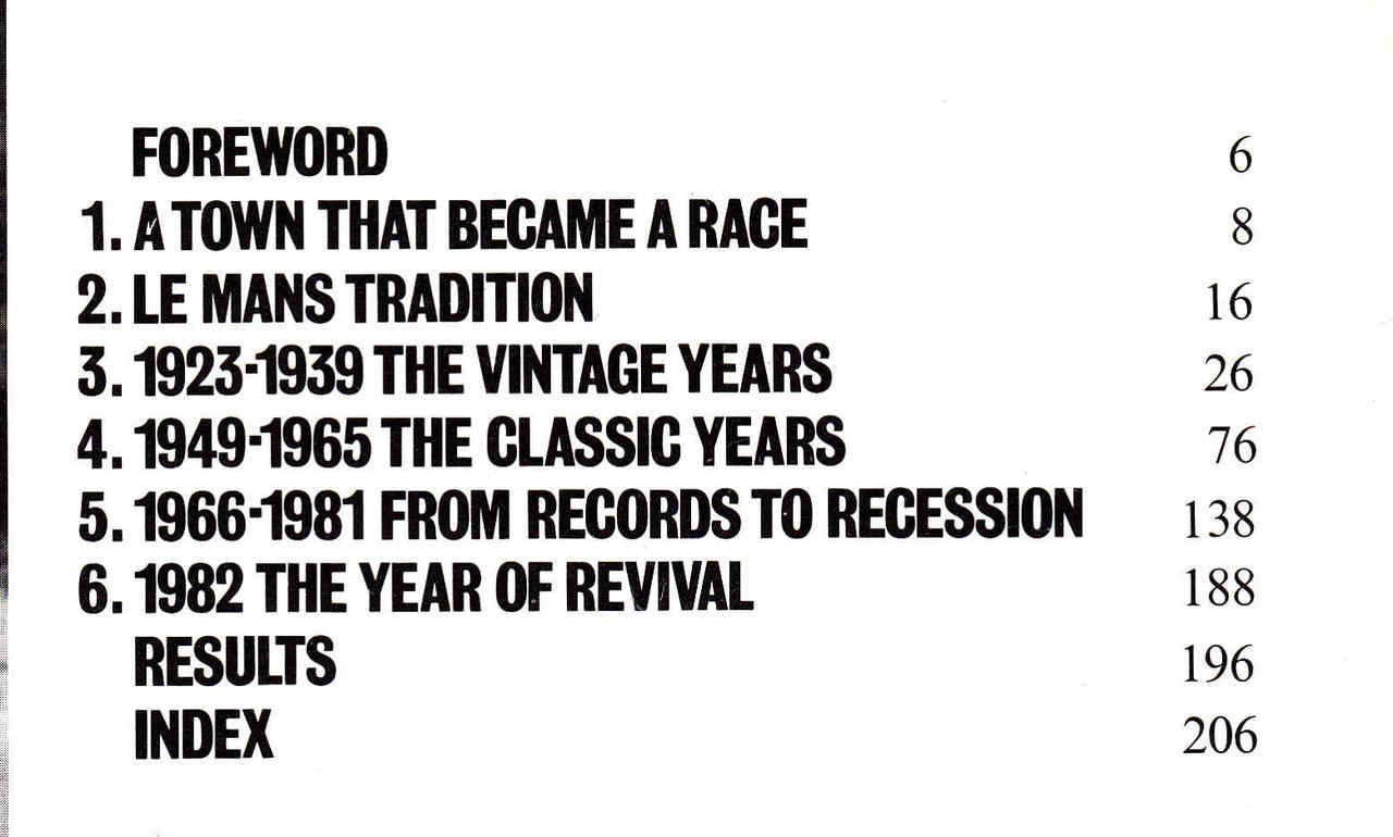 Hardcover book page with contents list: Foreword, Le Mans Tradition, 1923–1939.
