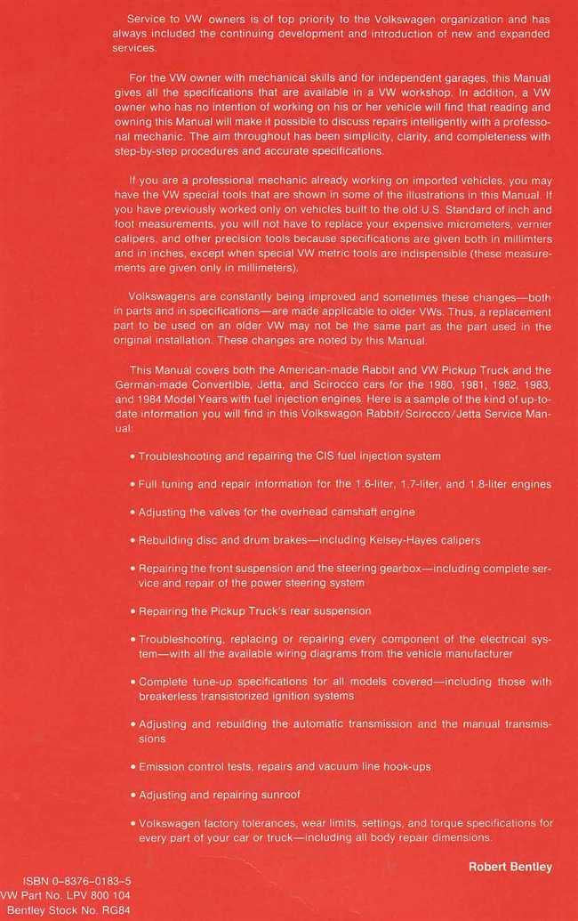 Volkswagen Rabbit (Golf), Scirocco, Jetta 1980 - 1984 Workshop Manual