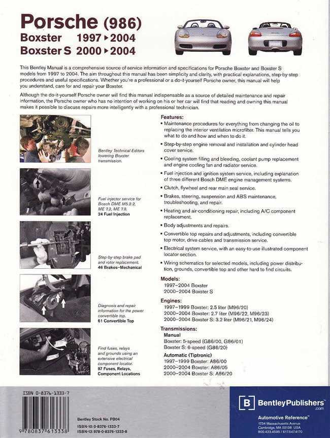 Porsche (986) workshop manual page with features, model list, and engine photos