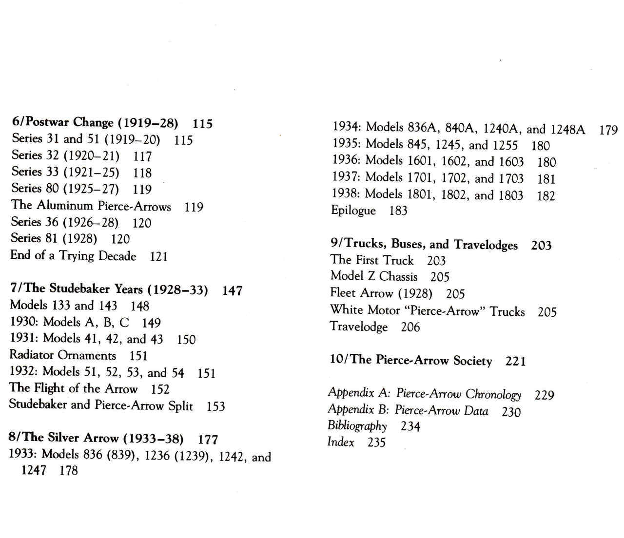 Automotive reference book contents page with numbered headings and model listings