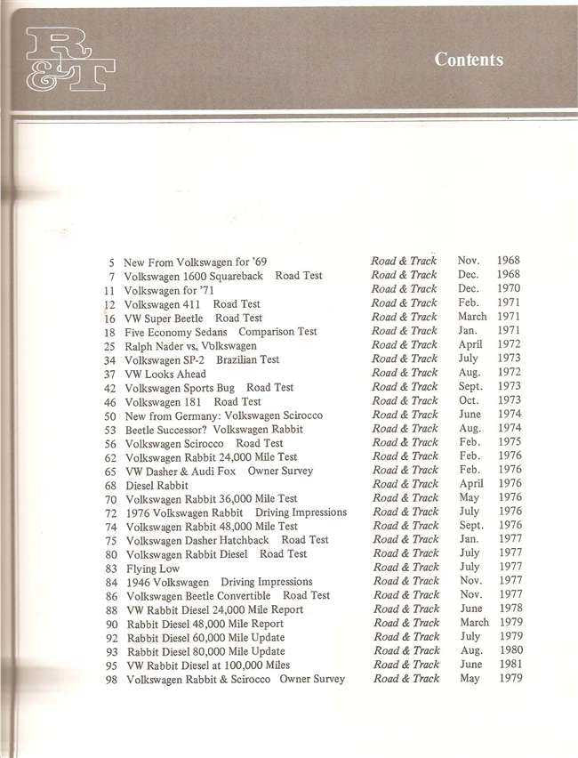 Road & Track on Volkswagen 1968-1978 contents page with table of test listings