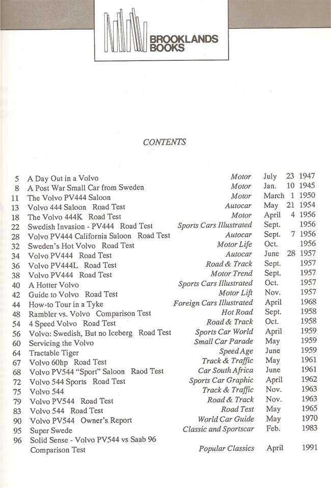 Road test book contents page listing sections and dates