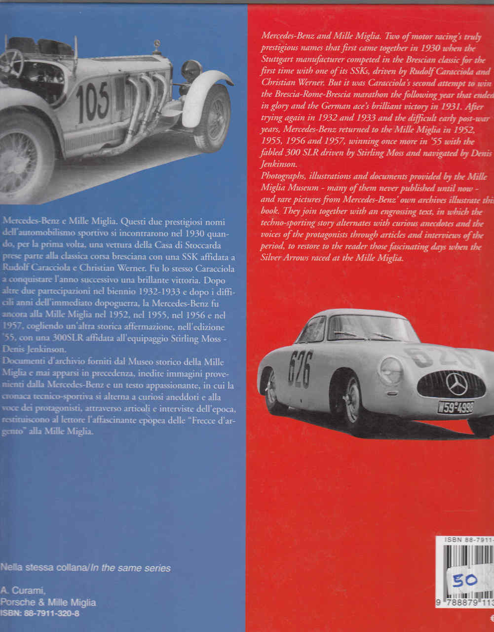 Open book pages with vintage race car photos and dense historical text blocks